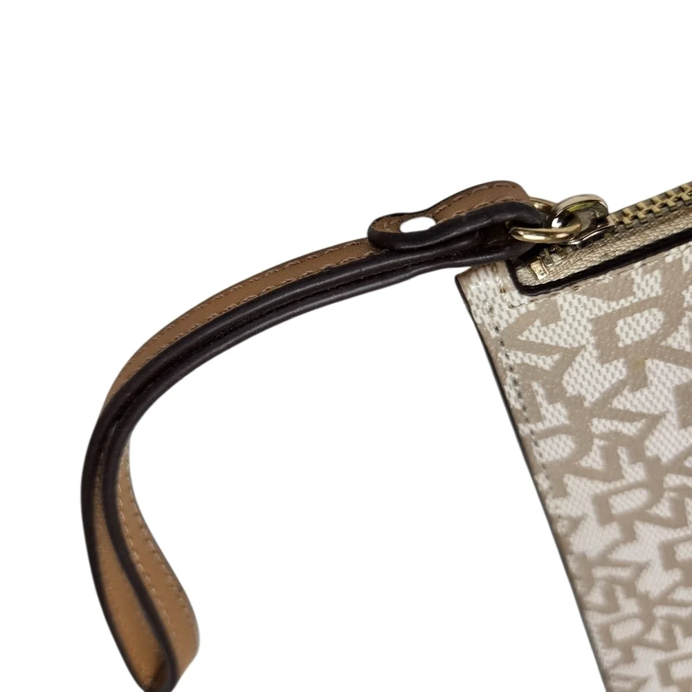 DKNY Bryant Park Logo Wristlet Pouch Cosmetic Bag Beige & Brown Faux Leather